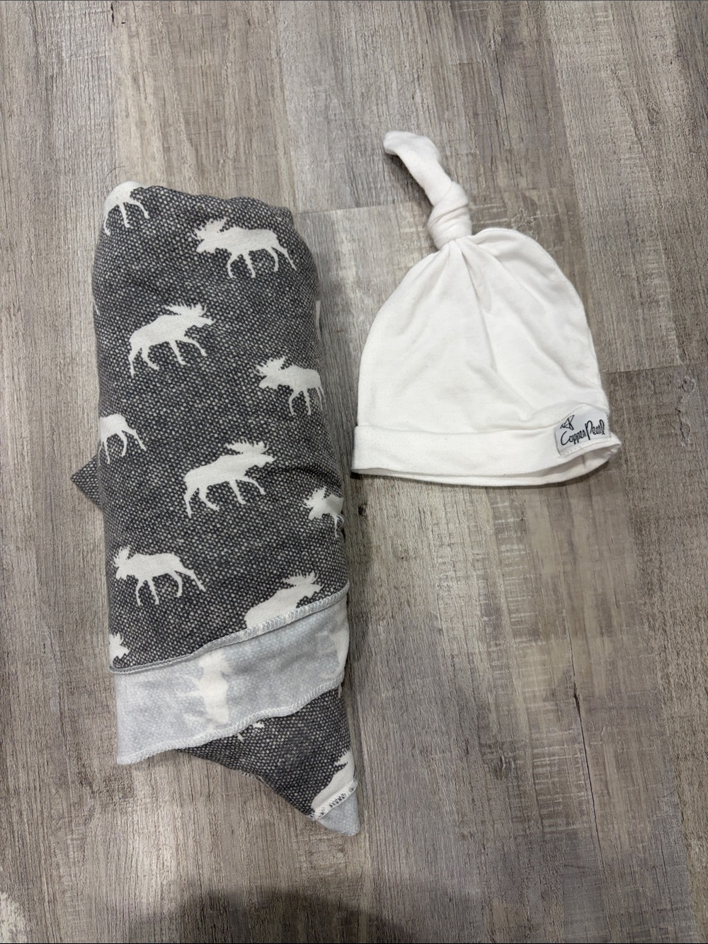 Copper pearl moose swaddle and hat